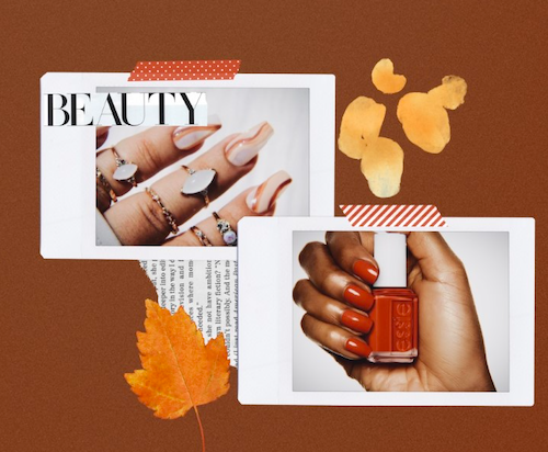Fall themed collage with swirl nails and red nail polish